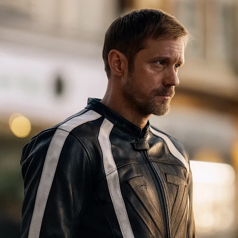 Pillion 2025 Movie Alexander Skarsgard Black Leather Jacket