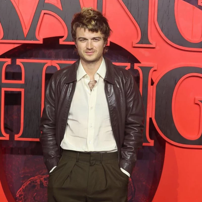 Stranger Things S05 UK Screening Joe Keery Brown Leather Jacket