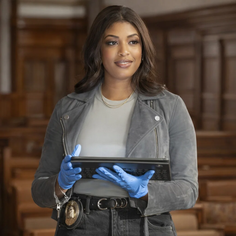 High Potential S02 Javicia Leslie Grey Jacket outfit look