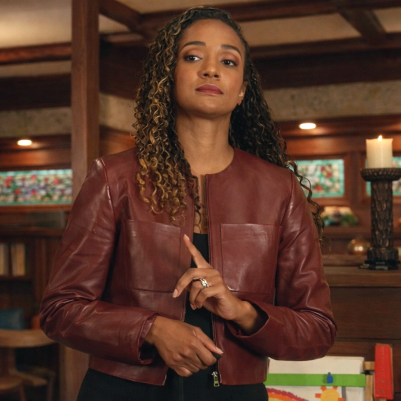 The Rookie S08 Mekia Cox Maroon Leather Jacket outfit look