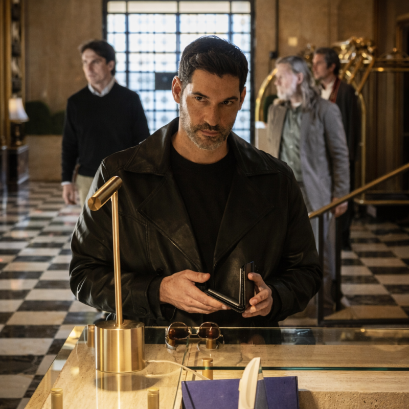 CIA Tom Ellis Leather Coat outfit look