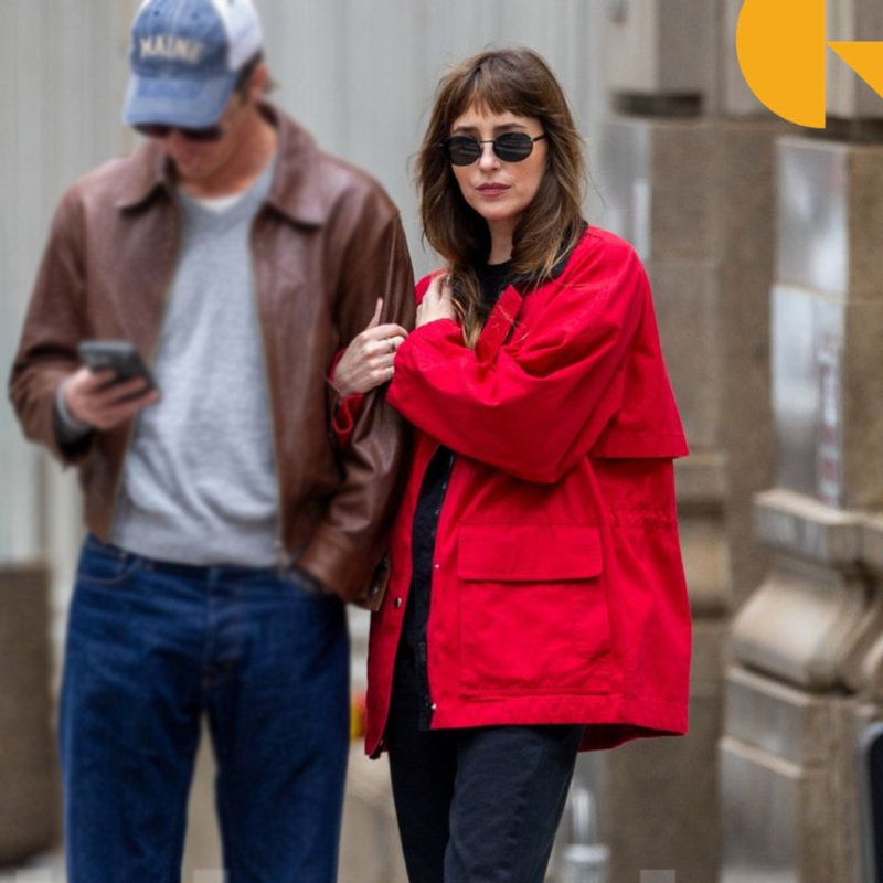 NYC Dakota Johnson Red Jacket outfit look