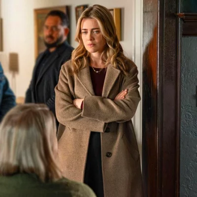 The Hunting Party S02 Melissa Roxburgh Brown Coat front view