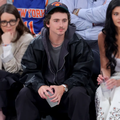 Knicks Playoff Courtside Date TimothÃ©e Chalamet Jacket front view