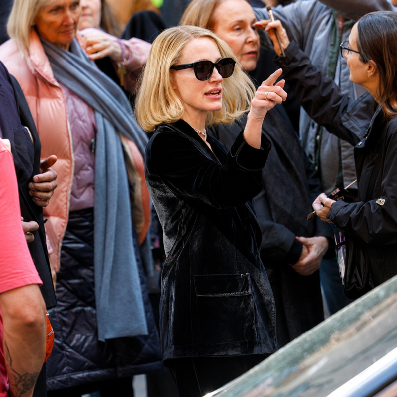 The Off Weeks Jessica Chastain Black Velvet Blazer outfit look