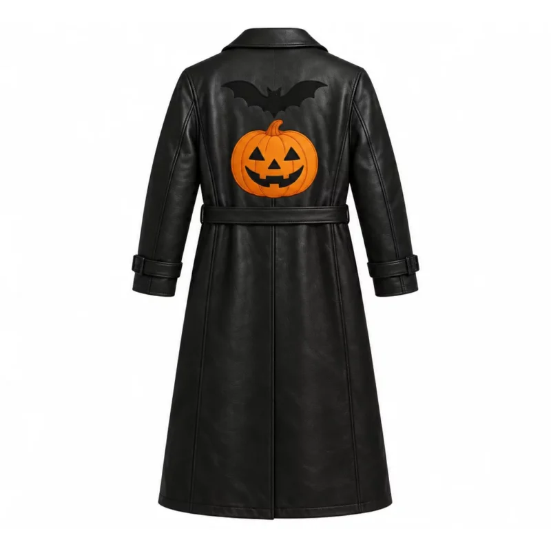 Pumpkin and Bat Black Trench Coat