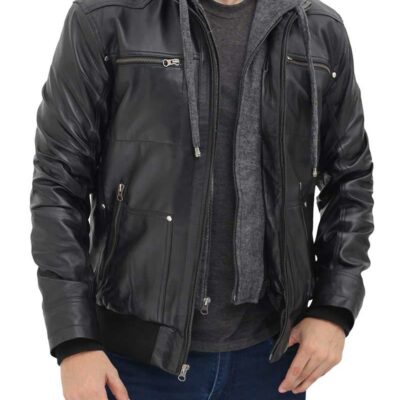 Black Leather Hooded Jacket
