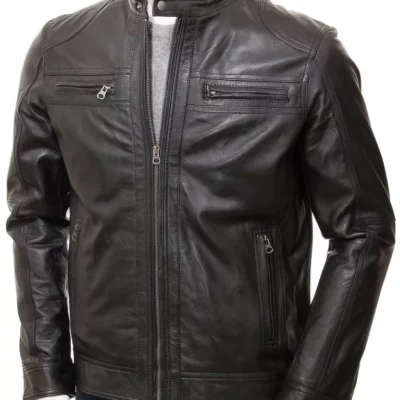 Black Leather Double Pockets Biker Jacket Men's