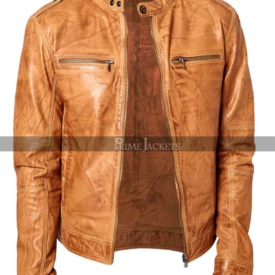 Men's Slimfit  Chest Zip Pocket Brown Biker Jacket