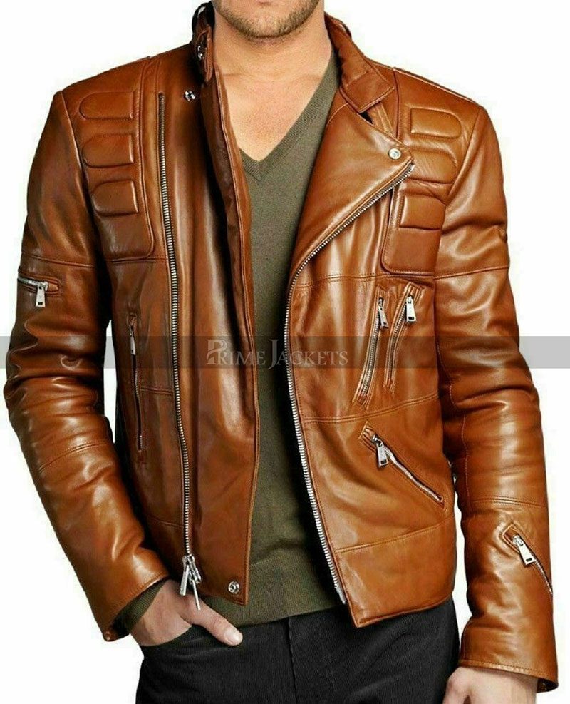 Mens Brown Leather Jacket Slim Fit Biker Jacket