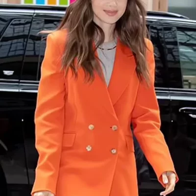 Windfall Lily Collins Orange Suit