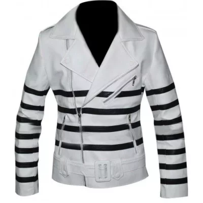 Katie Holmes Black Stripes Belted Biker Leather Jacket