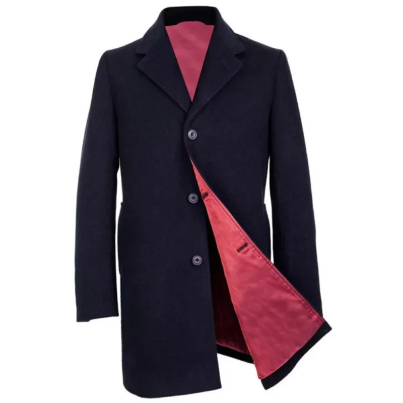 Notch Lapel Wool Navy Blue Coat