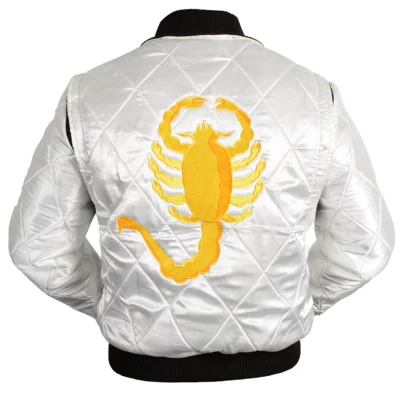 Mens Drive Ryan Gosling White Satin Scorpion Jacket