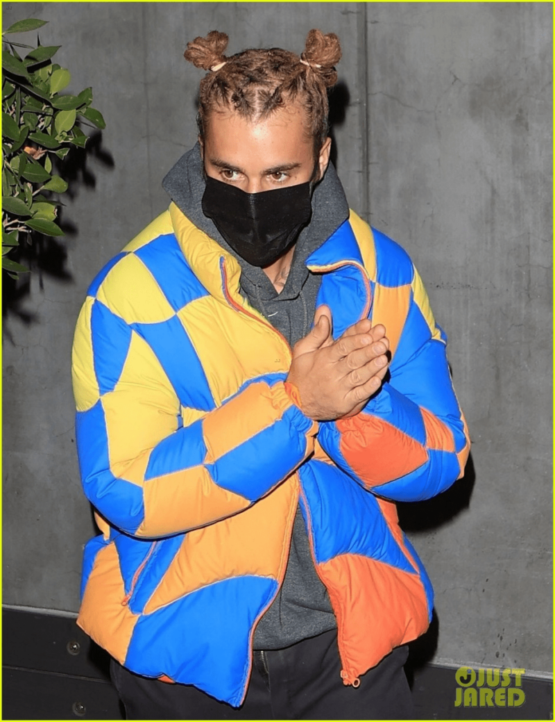Justin Bieber Wears His Hair Up in Top Knots Jacket