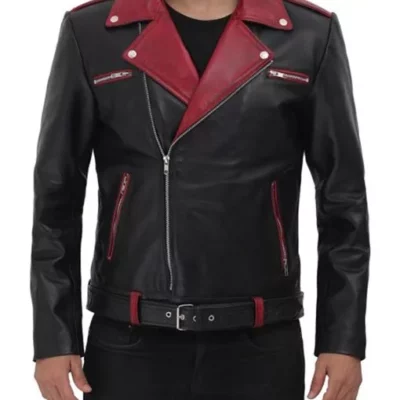 Menâ€™s Black and Maroon Leather Jacket
