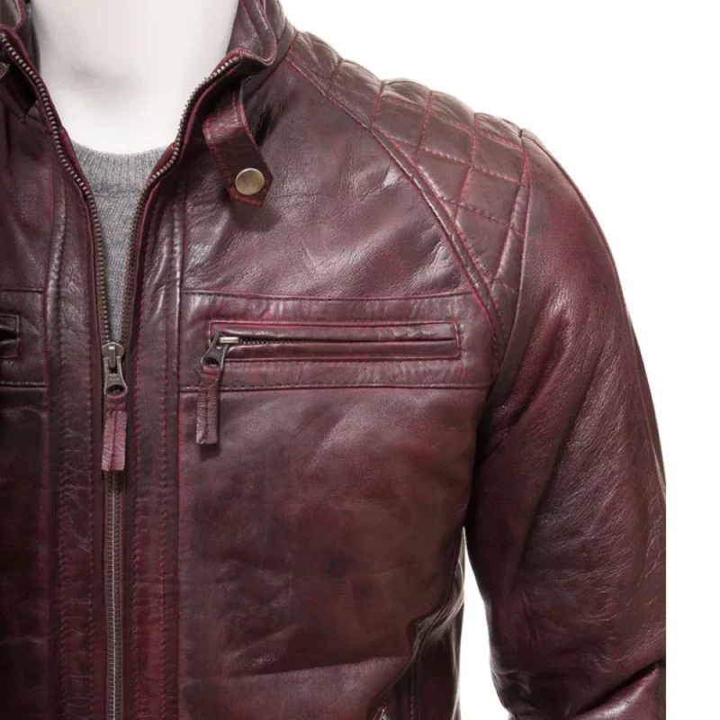 Men Motorcycle Oxblood Quilted Leather Jacket