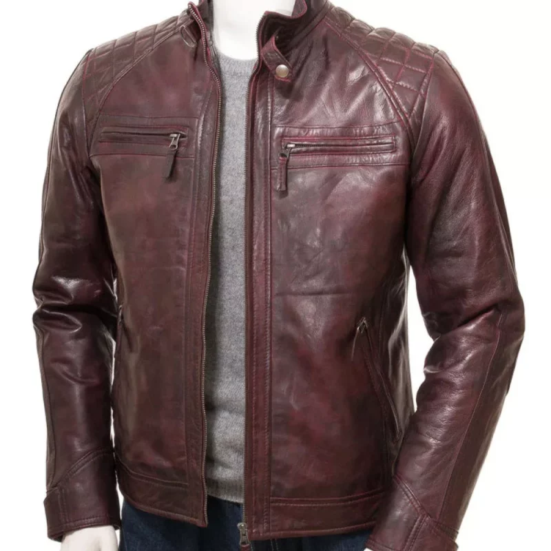 Men Motorcycle Oxblood Quilted Leather Jacket