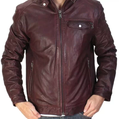 Men's Maroon Waxed Biker Jacket